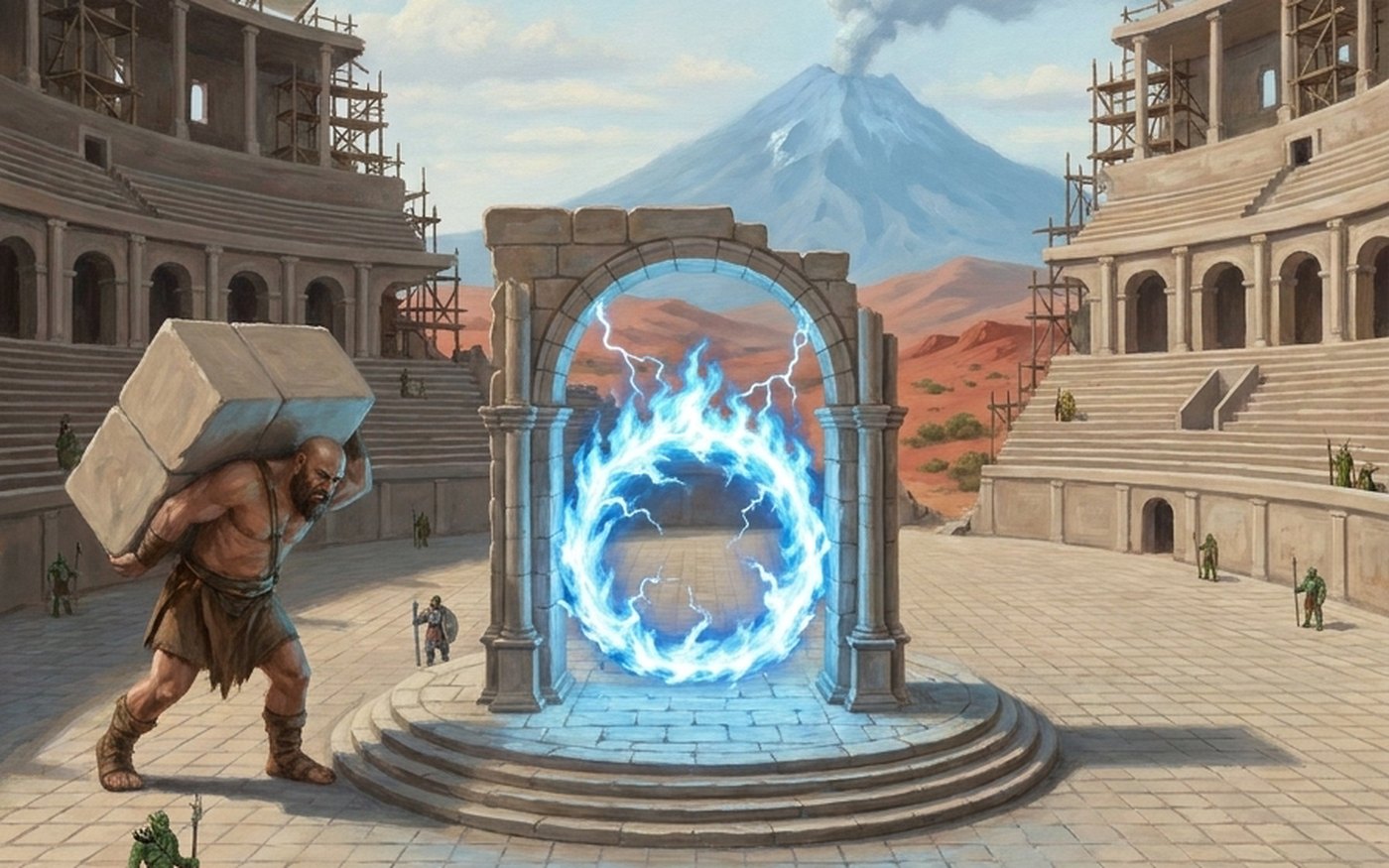 Citygate. The gate under construction: a ring of blue fire burning in an unfinished stone arch on a raised flagstone stage, in the middle of a vast amphitheatre courtyard still being built. A giant carries a dressed stone block past it; orc guards and elf archers stand on the arena floor. Red desert and a distant volcano beyond.