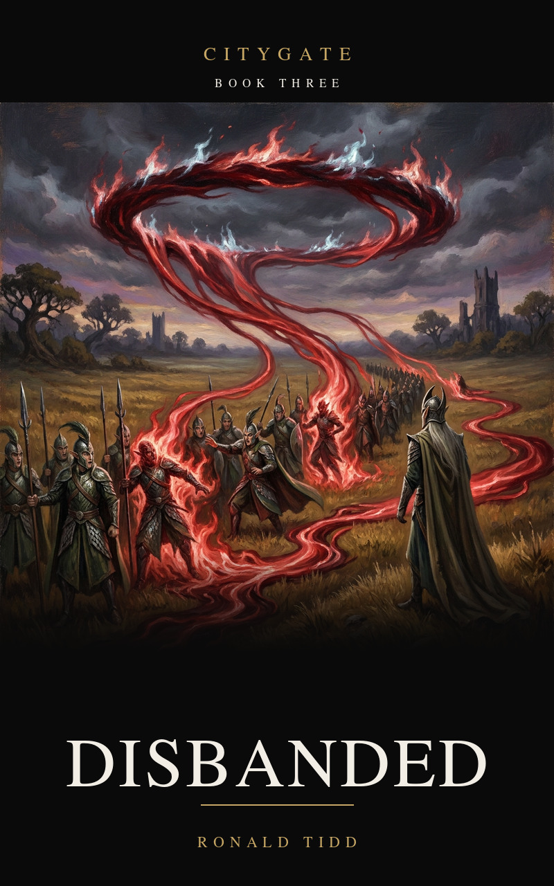 Cover for Disbanded, Citygate Book Three. A ring of crimson fire stands over an elven war host in march order at dusk; red flame pours down out of the ring and runs along the ground through the ranks, wrapping soldiers where they stand while others an arm's length away are only just turning to look.