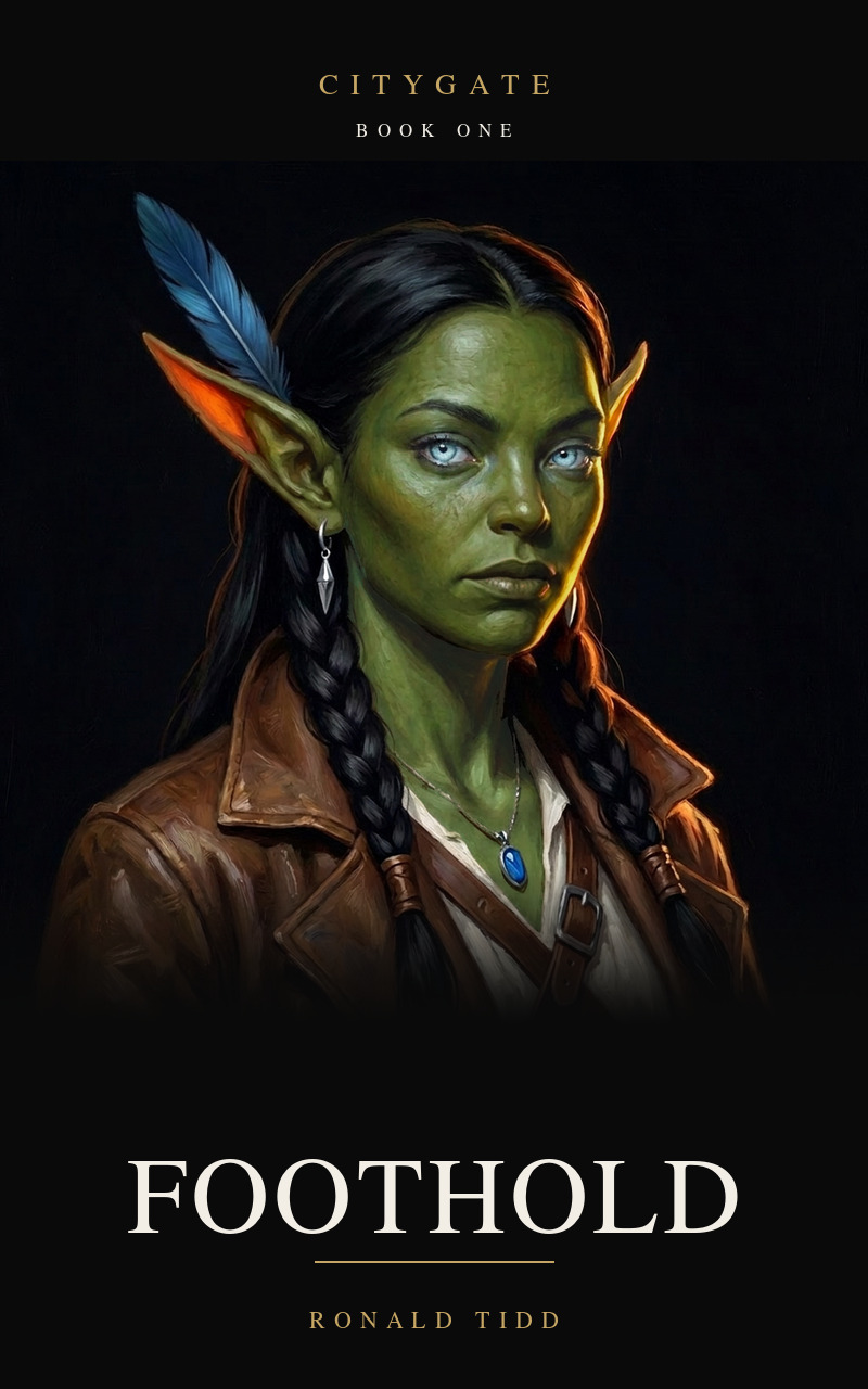 Foothold, Citygate Book One. A young orc woman with bright blue eyes, no tusks, long swept-back pointed ears and a blue feather in her braid, on a black ground.