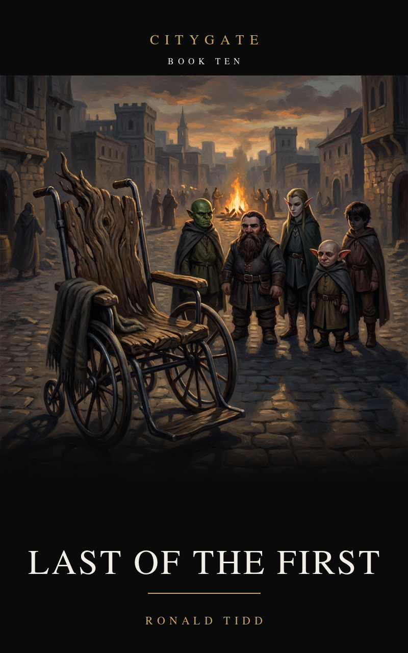 Cover for Last of the First, Citygate Book Ten. An empty wheelchair with a blanket over its arm on a stone walkway at dusk, facing a distant fire, surrounded by children of several peoples not looking at each other.