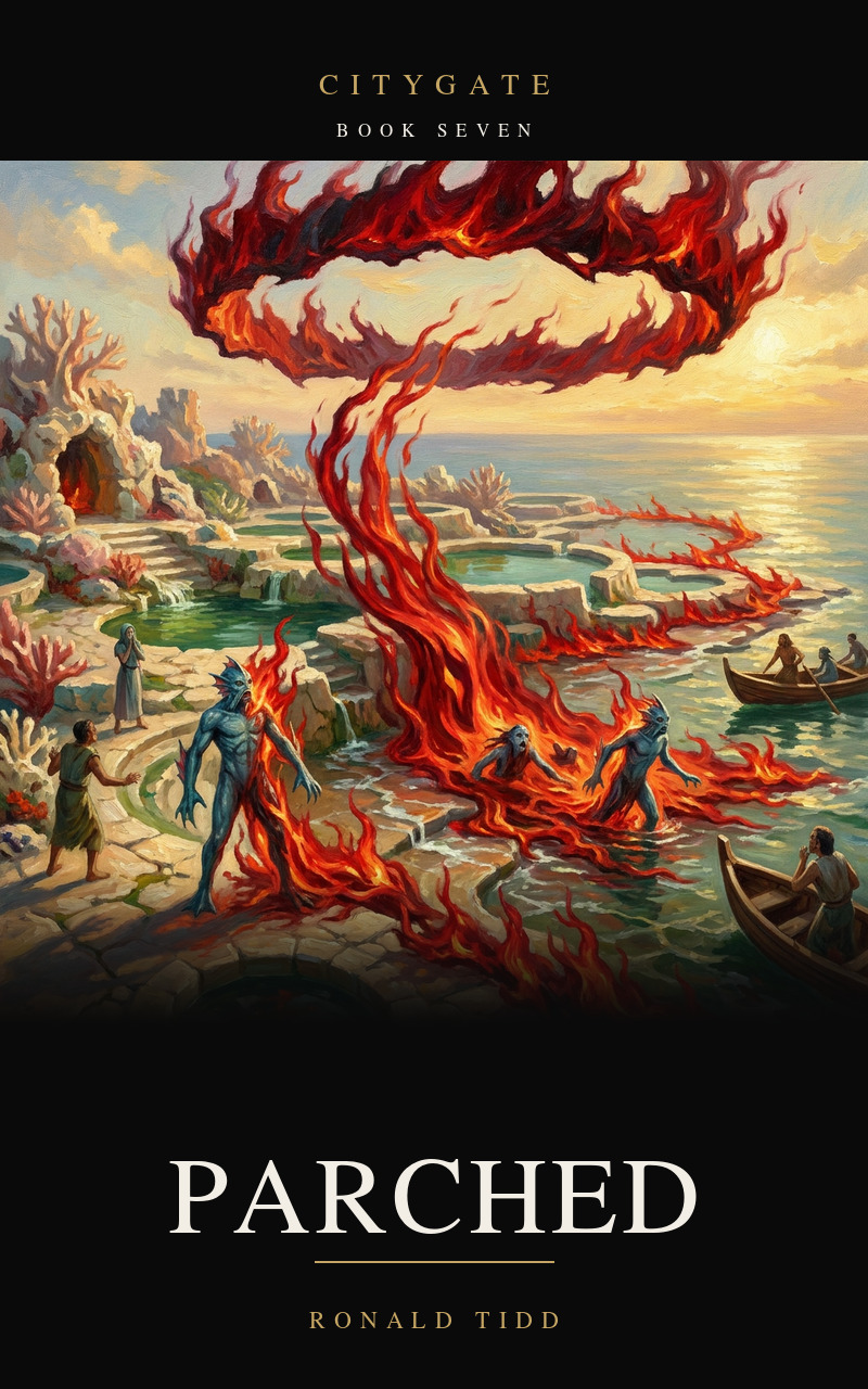 Cover for Parched, Citygate Book Seven. A coral and cut-stone city built at the waterline of a warm shallow sea, its terraces and channels crowded with tall amphibious people. A ring of crimson fire burns above the water and its flame pours down across the steps, wrapping one of them where he stands while the others nearby have only just turned to look.