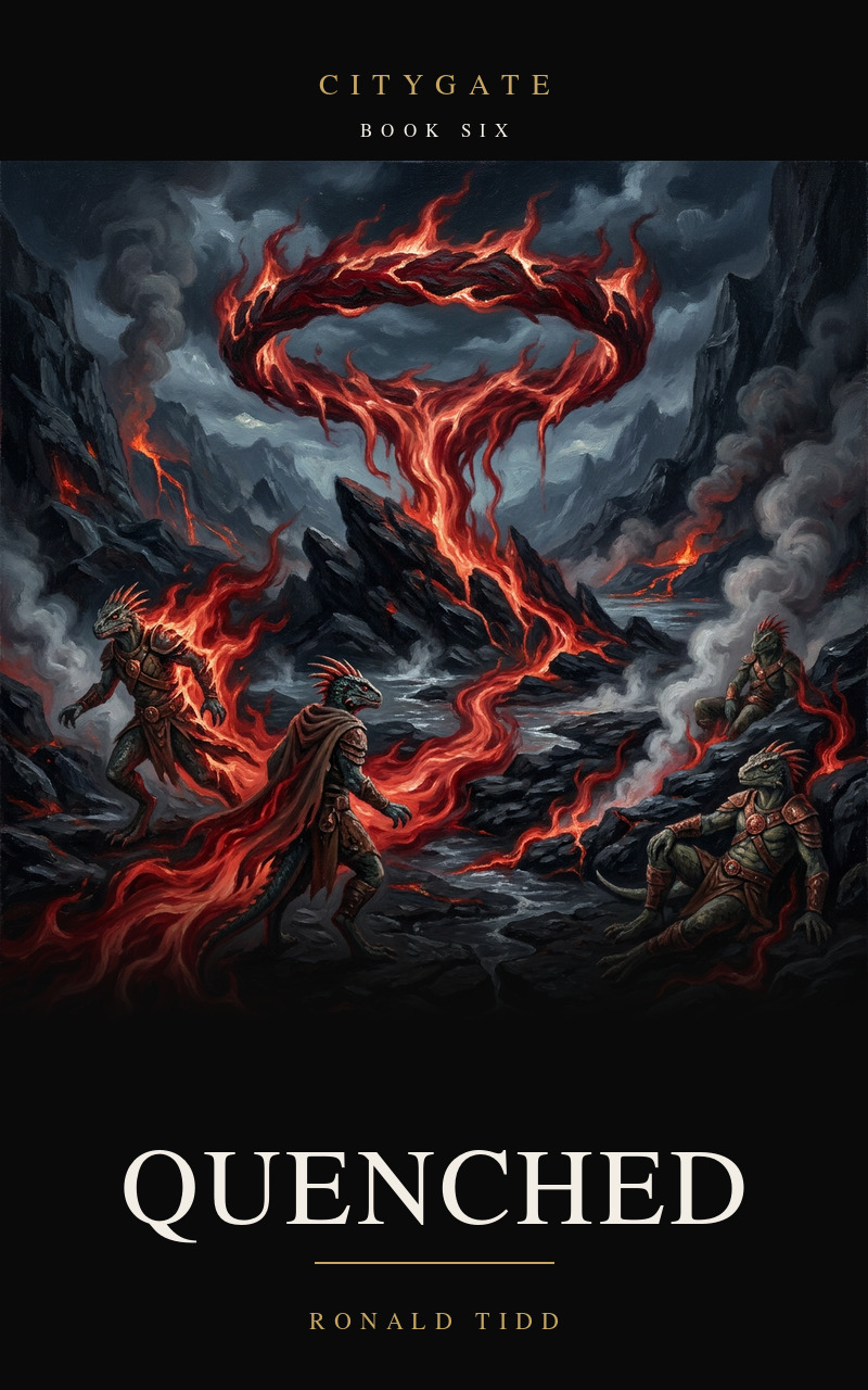 Cover for Quenched, Citygate Book Six. A ring of crimson fire over a steaming volcanic valley at night; red flame runs over the black rock and through the sulphur steam, taking scaled lizard-folk where they rest and stand.