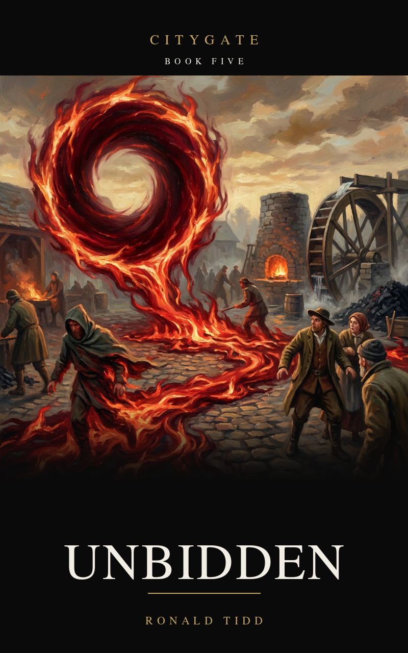 Cover for Unbidden, Citygate Book Five. A ring of crimson fire over the yard of an early ironworks at shift change; red flame pours across the cobbles between two crowds of human workers with lunch pails, wrapping one where he walks while the others stare.