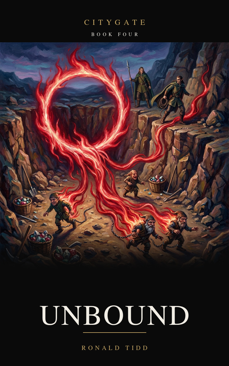 Cover for Unbound, Citygate Book Four. A ring of crimson fire over an open gem mine; red flame runs across the pit floor through a chained gang of small gnome miners, taking them where they stand, and reaches up the rock at an elf overseer who is turning to run.