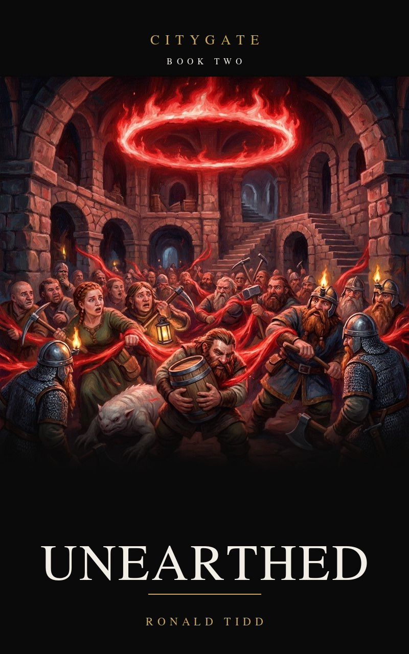 Unearthed, Citygate Book Two. A ring of red fire in a vaulted dwarven hall, red light reaching down to take the crowd below; lantern helms, picks, an ale keg, a pale burrowing animal.