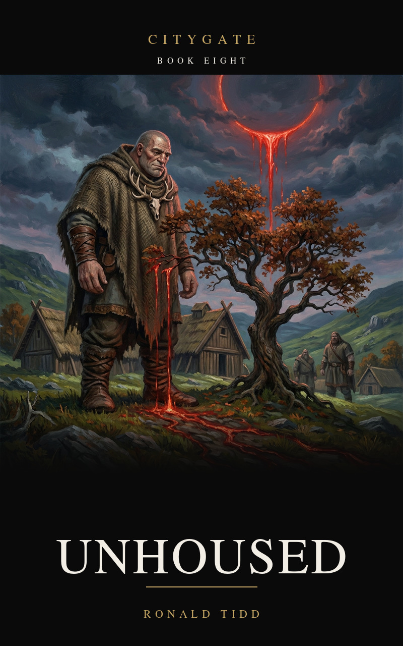 Cover for Unhoused, Citygate Book Eight. An enormous giant in a woven cloak and antler charm stands in a valley settlement at dusk, a full-grown oak reaching only to his shoulder beside him, looking down at red fire running across the grass at his feet. Timber longhouses and other giants behind him, and a ring of crimson fire in the sky spilling flame to the ground.