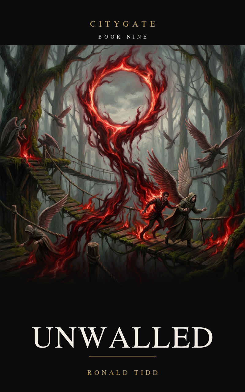 Cover for Unwalled, Citygate Book Nine. A ring of crimson fire high in the canopy of an immense forest; red flame pours along the branches and rope walkways of woven aeries, taking winged people where they perch while a few beat hard away through the trees.